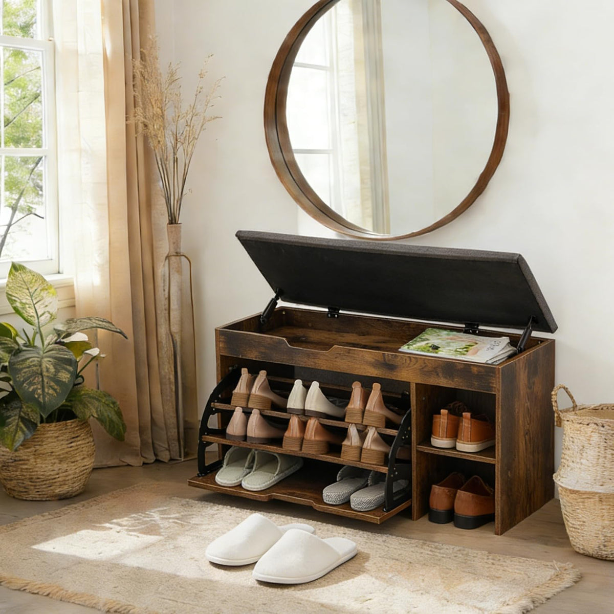 Shoe Storage Bench with Flip Drawers & Lift Top Storage Box, Entryway Bench with Seat Cushion, 3-Tier Short Shoe Cabinet with Adjustable Shelves for Entryway, Hallway, Living Room, Mudroom, Brown