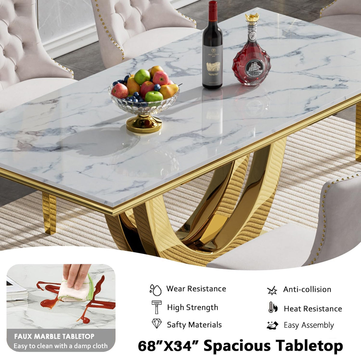 68" Marble Dining Table Set for 6, Luxury White Gold Kitchen Table with 6 Grey Velvet Dining Chairs, Modern Fuax Marble 7-Piece Dining Room Table Set for 6 w/Stainless Steel U-Base