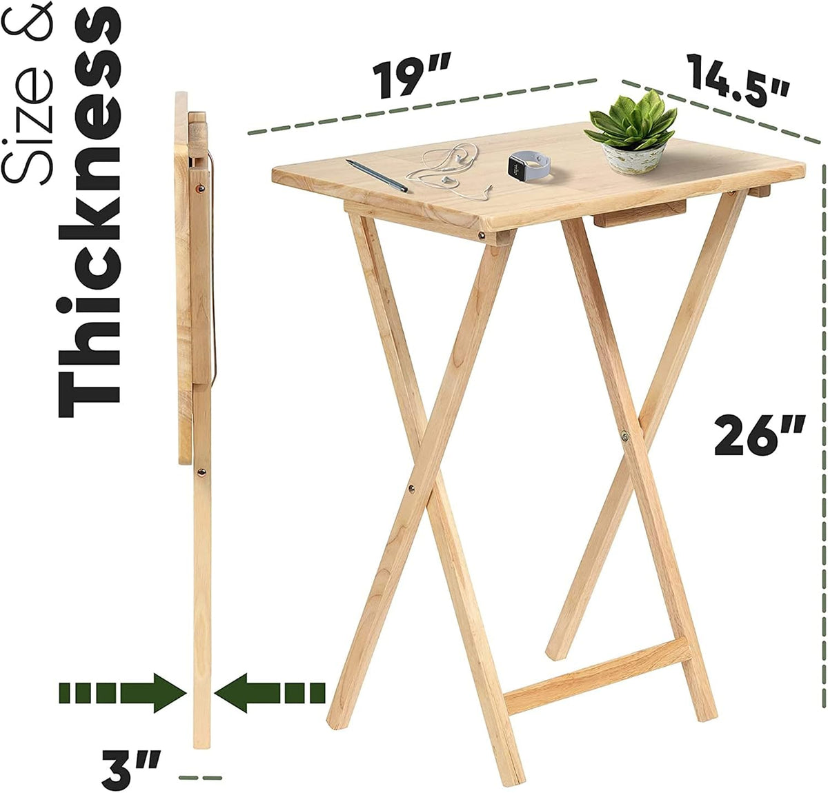 PJ Wood - 5-Pack Folding TV Tray Tables - Wooden Set with Storage Rack | Solid Rubberwood, 19.09 x 14.57 in Surface, 26 in Height, 3 in Collapsed Thickness, Stand Included, Indoor Use