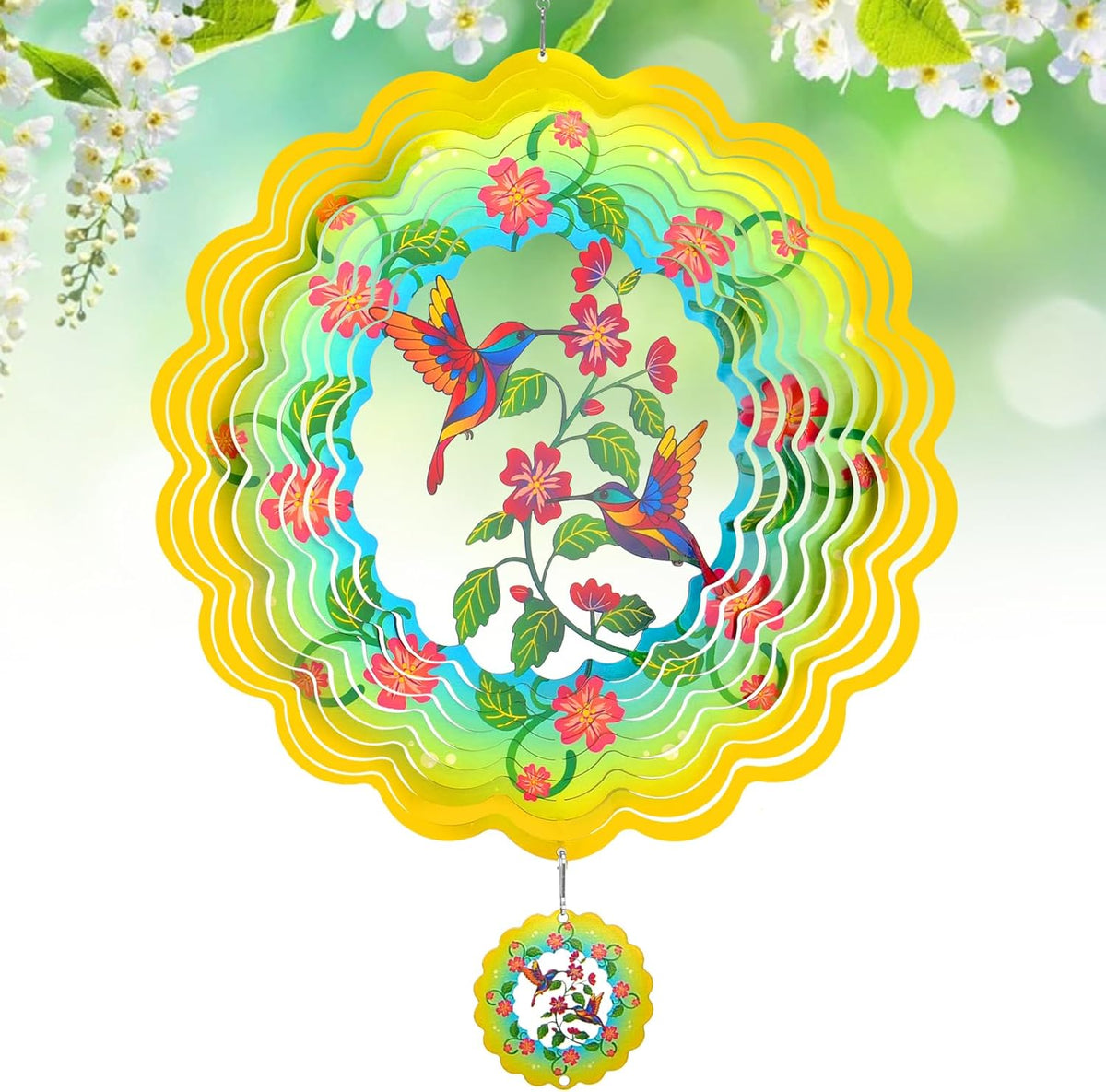 Wind Spinners - 12 Inches Large Hummingbird Wind Sculptures, 3D Reflective Metal Wind Spinner for Yard and Garden, Hummingbird Gifts for Daughter, Mom, Grandma's Birthday, Yellow Green