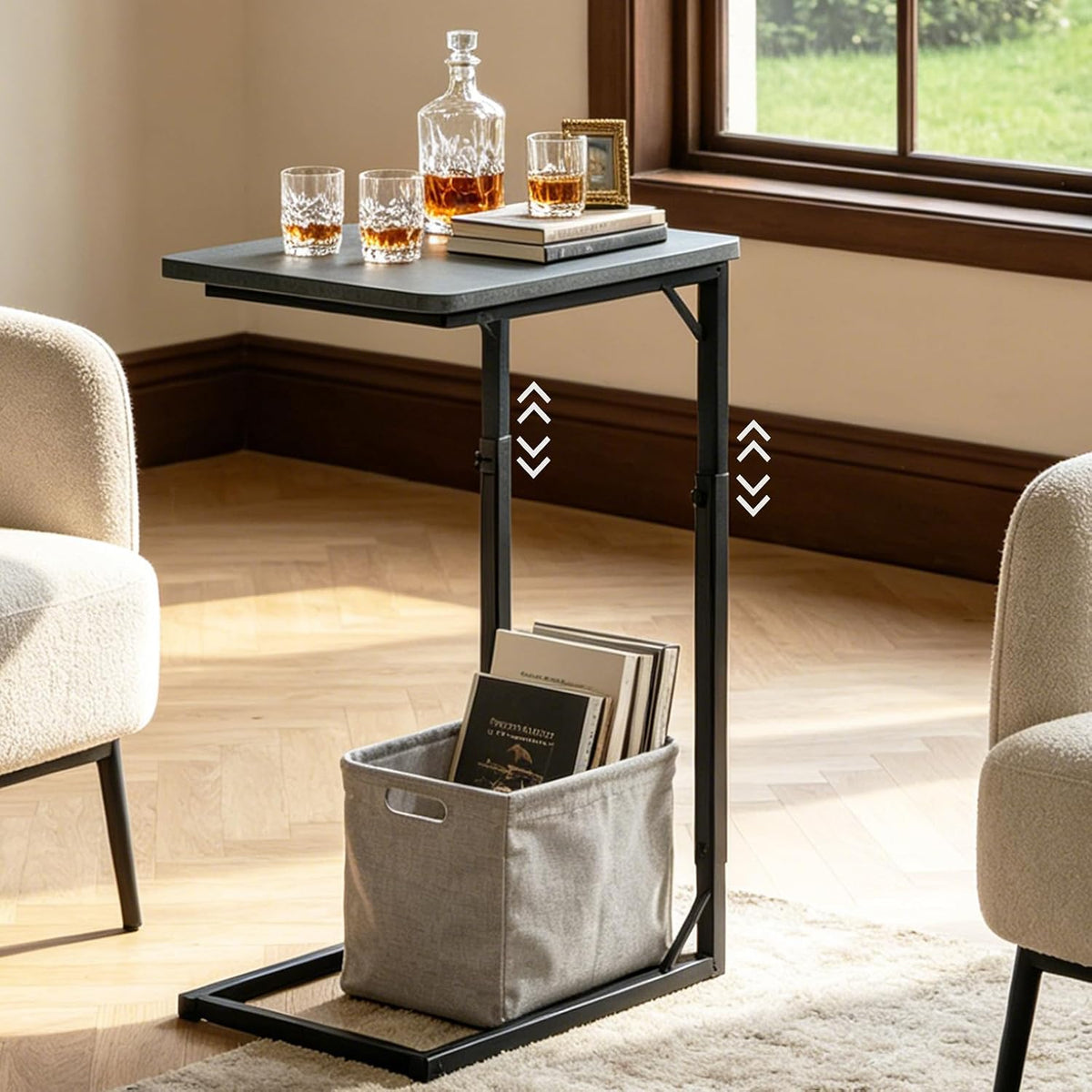 C-Shaped End Table for Couch, Adjustable Sofa Side Table with Sturdy Metal Frame, Small Space Rustic Gray TV Tray Table for Living Room, Bedroom, Bedside, Modern Functional Accent Furniture