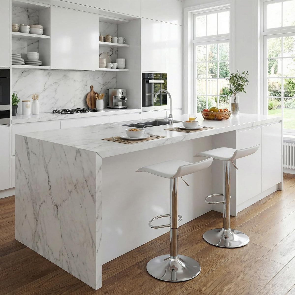 Set of 2 Barstool, Adjustable Swivel Bar Stools with PU Leather and Chrome Base, Gaslift Pub Counter Chairs, White | Swivel, PU Leather, Chrome Base, Gas Lift, Ideal for Kitchen, Home Bar, Pub, Kitchen Island