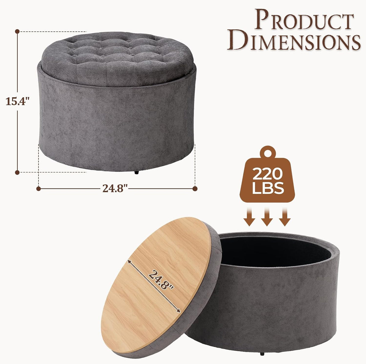 ONBRILL 24" Round Ottoman Coffee Table, Storage Ottoman with Lift-Off Lid | Large Size, Sturdy Steel Frame, 15.4" Height Foot Stool（Better for Low-Profile Sofa), Extra Seat, Entryway Shoe Bench