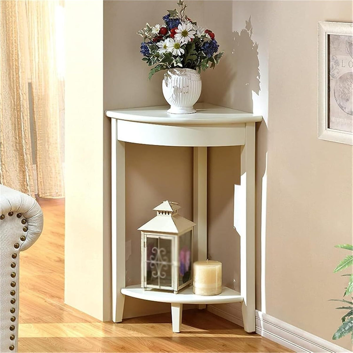 Home Furnishing Corner Tables Compact Triangle Solid Wood Side Table Corner Shelf Unit with 2 Shelves Sofa Accent Table for Small Space Little Corner(Brown)