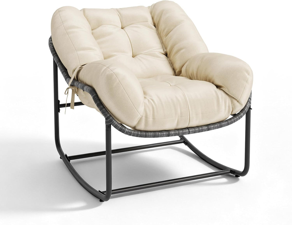 Litake Oversized Egg Shaped Wicker Outdoor Rocking Chair, Papasan Rocking Chair, Patio Rocker with Soft Removable Cushion, Reinforced Frame, Weather-Resistant – Ideal for Balcony, Porch, Garden