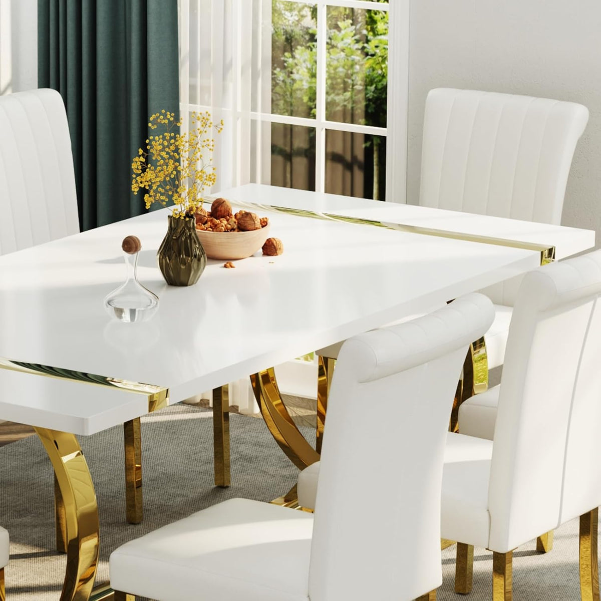 ACEDÉCOR Modern Dining Chairs Set of 2, White Leather Dining Room Chairs with Gold Stainless Steel Legs, Upholstered Chairs with High Back and Metal Legs for Kitchen/Living Room/Restaurant