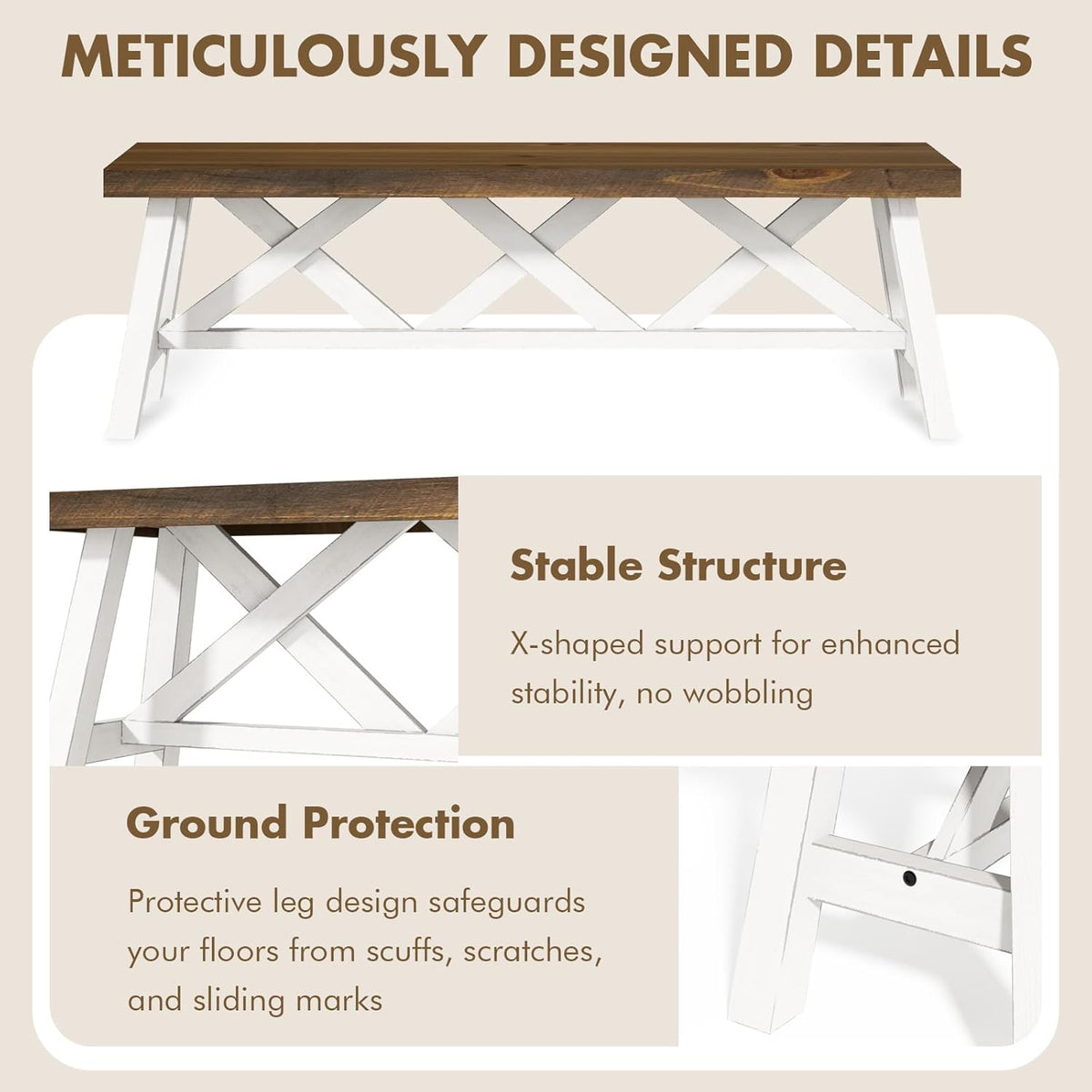 Wnutrees 54" Farmhouse Wood Bench, Rustic Solid Wood Entryway Bench Seat with Double X-Structure for Dining Area Living Room Hallway, Structural Stability, White