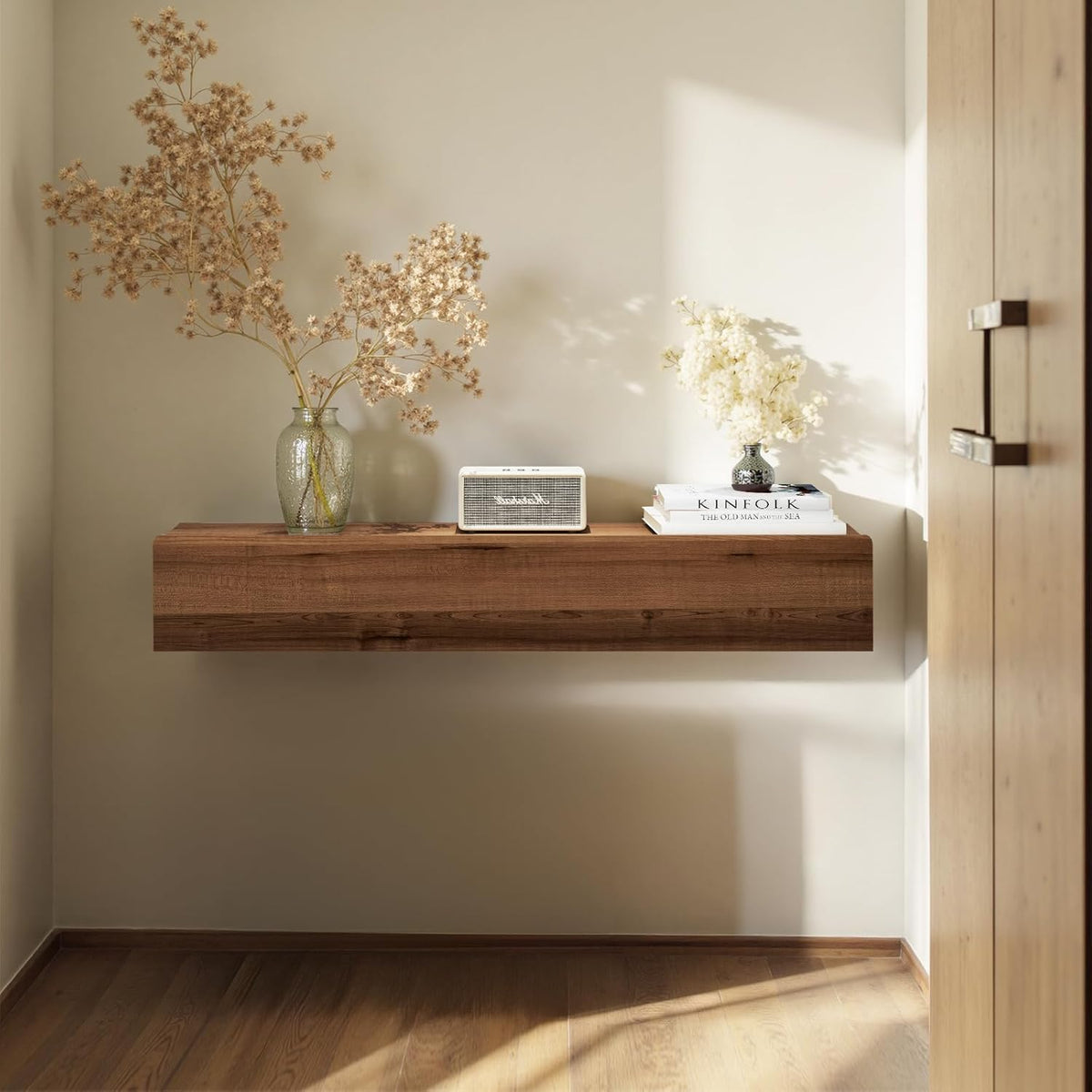 Floating Solid Wood Console Table, 47'' Wall Mounted Narrow Entryway Table with Storage Shelf, Modern Couch Shelves Small Entry Way Tables for Entryway, Front Hall, Hallway (Walnut, 47.24IN)