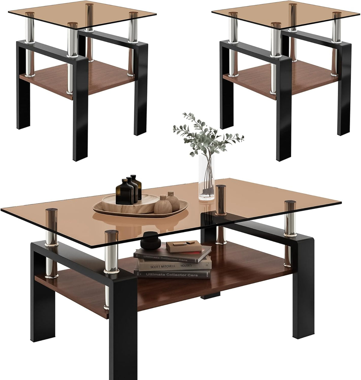 Brown Glass Coffee Table Sets of 3 for Living Room, 39" Mordern End Tables with Storage, Walnut Wooden Shelves & Black Metal Leg, Rectangle Center Table for Small Space Apartment