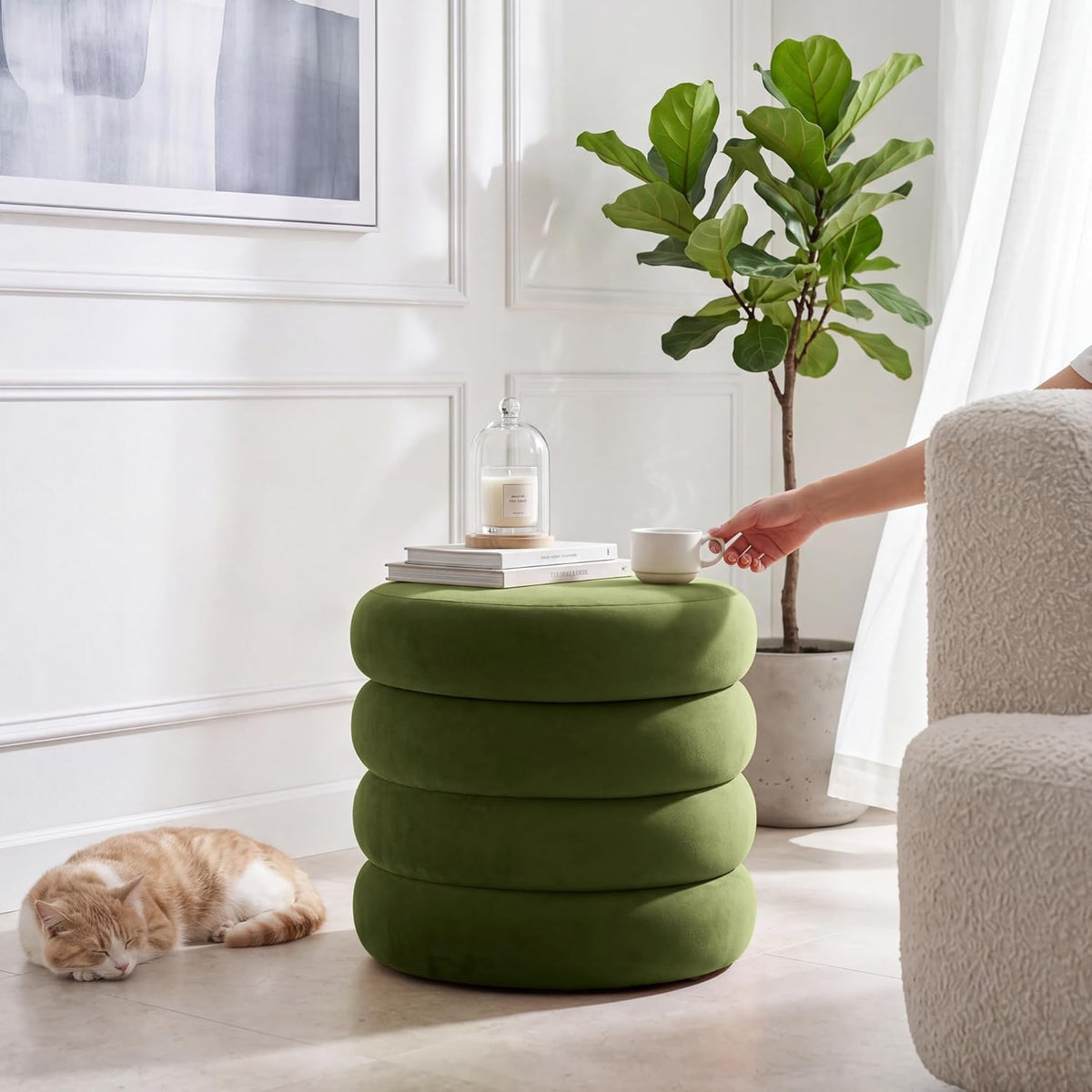 Velvet Storage Ottoman Set of 2, Compact Round Tufted Pair with Removable Lids for Lounge, Dorm and Entryway, Olive Green