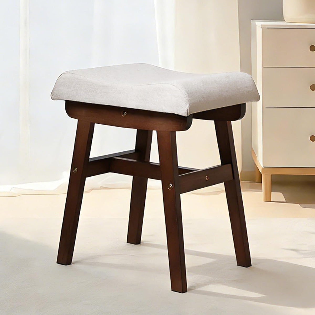 Vanity Stool with Linen Upholstery & Carved Solid Wood Legs | 17.7 Inch Compact Makeup Chairs with High Rebound Sponge Seat for Bedroom/Entryway/Home/Footstool