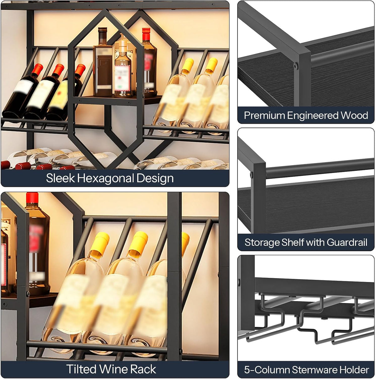 HOOBRO Wall Mounted Wine Rack with LED Light, 31.5" Wine Shelf, 3 Tier Wine Bottle Display Shelf with Glass Holder, Hanging Bar Liquor Storage Rack, for Kitchen, Bar, Black BB73DBJ01