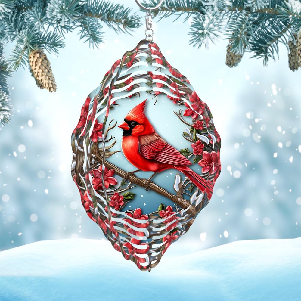 3D Red Cardinal Wind Spinner 10 Inch Stainless Steel Bird Wind Sculpture Kinetic Art Hanging Ornament for Outdoor Garden, Yard, Patio, and Home Decoration Christmas Decor