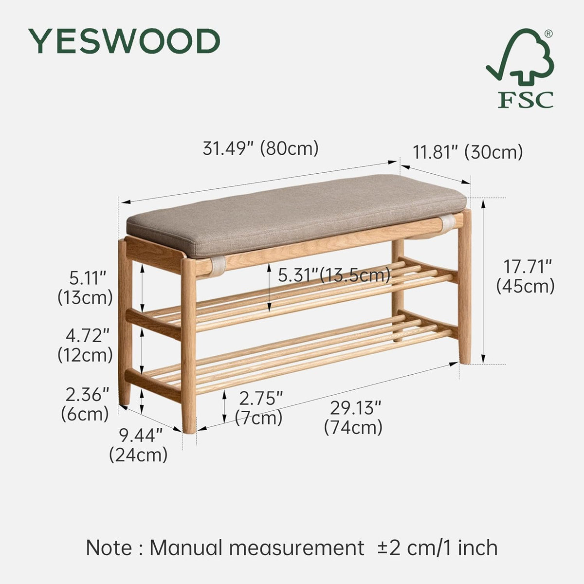 YESWOOD Solid Wood Shoe Bench Assembled, Shoe Rack Bench with Cushion for Entryway, Living Room, Bedroom, Hallway, 31.49“ x 11.81” x 17.71", Nature+Gray