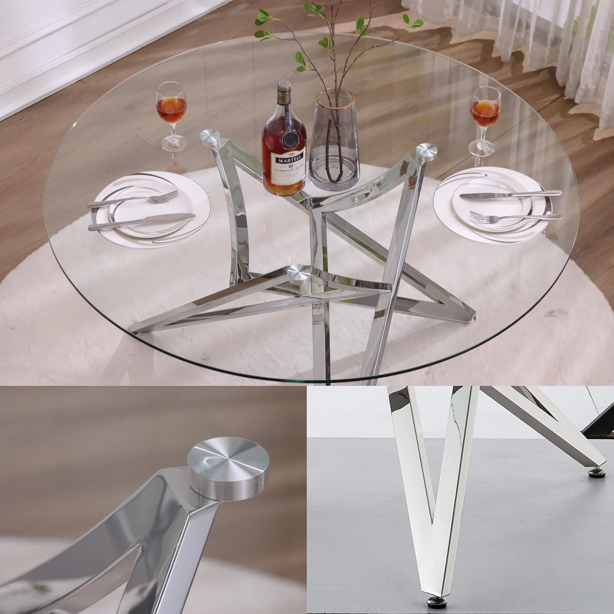 Glass Round Dining Table, 47.2" Modern Round Table with Silver Mirrored Geometric Legs, Gorgeous Clear Circle Table for Kitchen Dining Room, Apartment, Small Spaces