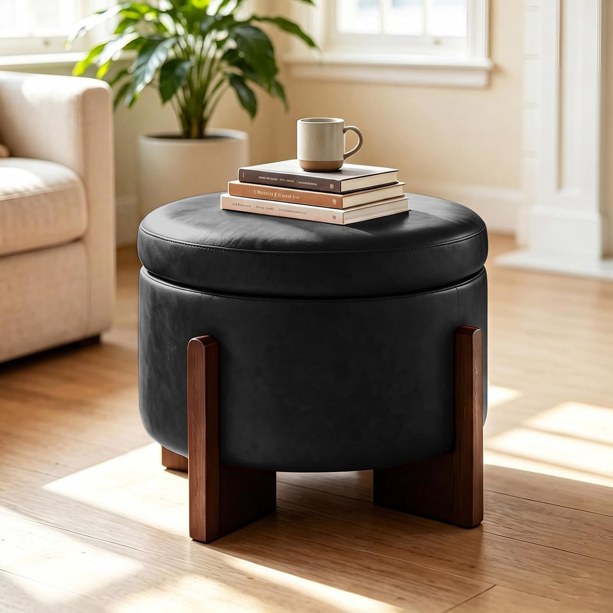 Leather Ottoman with Storage and Ash Wood Legs, Modern Foot Stool，Round Storage Ottoman Coffee Table for Living Room,Bedroom (Black)