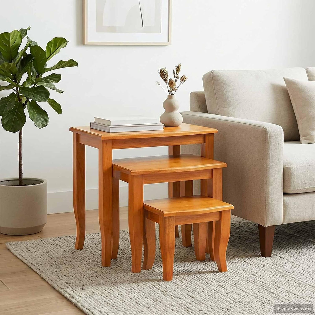 Nesting Side Tables 3 pcs Natural Solid Mahogany Wood | Space Saving Stackable Design, Unique Wood Grain, Versatile Accent for Living Room or Bedroom
