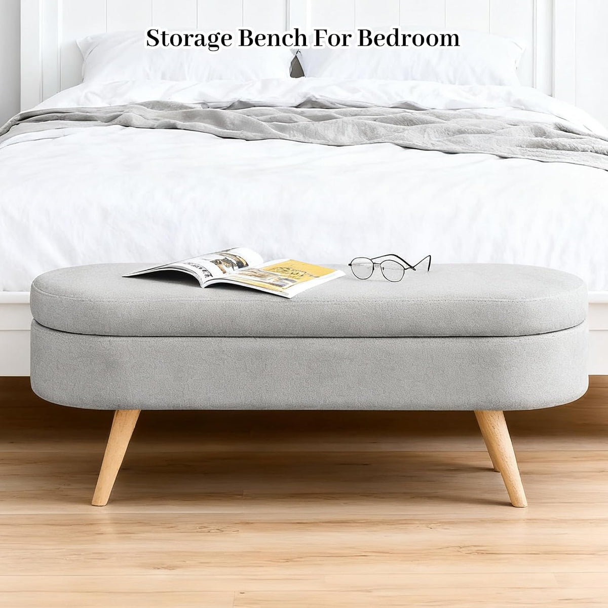 Storage Bench, 43" Storage Ottoman Bench for Bedroom, Upholstered Entryway Benches with Seating, Rubber Wood Legs, Shoe Storages Benches for Bedroom, Living Room, Entryway, Bed Side, Grey