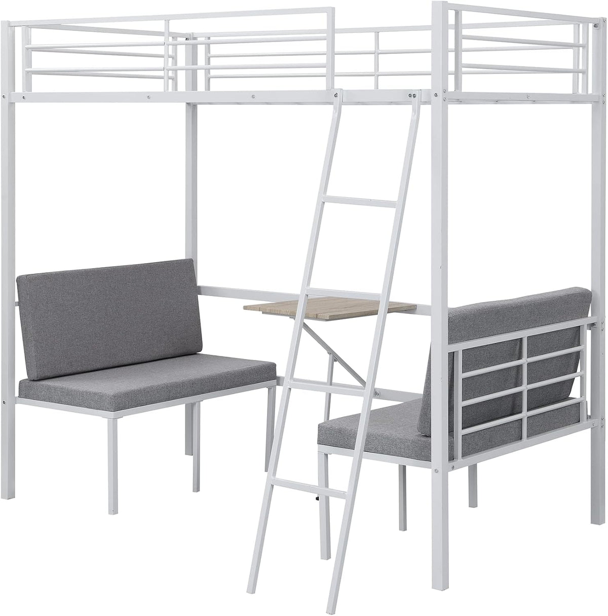 Twin Size Metal Loft Bed with Built-in Wooden Table and Upholstery Chairs Set for Kids Teens, Full Length Guardrails Inclined Ladder, Bedroom, Dorm, Space Saving (White-with Built-in Table)