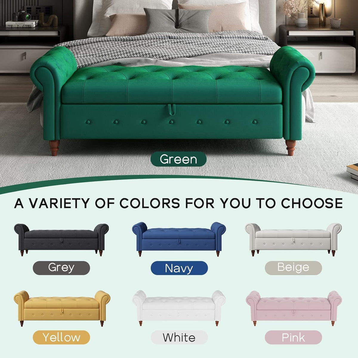 NIOIIKIT 63'' Storage Ottoman Bench Tufted Entryway Bench Dark Green Velvet | Button Tufted End of Bed, Large Storage Space, Rolled Armed Ottoman Couch Long Bench for Bedroom, Living Room, Hallway