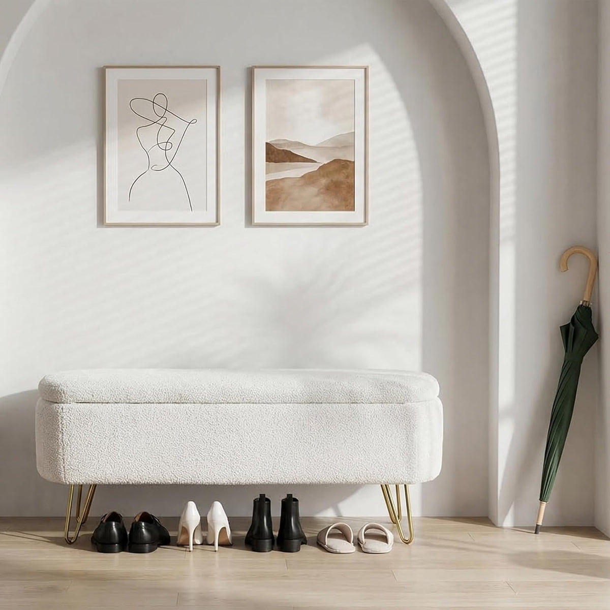 Boucle Storage Bench, Small End of Bed Bench for Bedroom, Entryway Bench with Storage, Sherpa Upholstered Ottoman Foot Rest for Living Room, Gold Legs, Cream