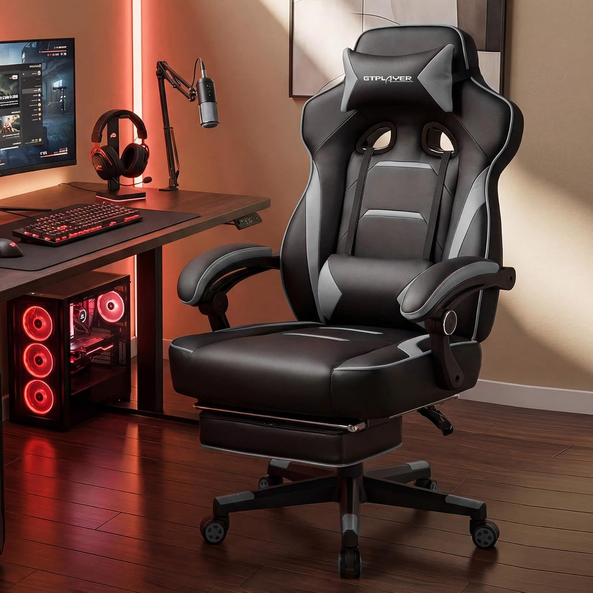 GTPLAYER Gaming Chair for Adults, Big and Tall 350LBS Heavy Duty Office Chair, Ergonomic High Back Lumbar Support and Recliner for Back Pain Relief, Sky Gray