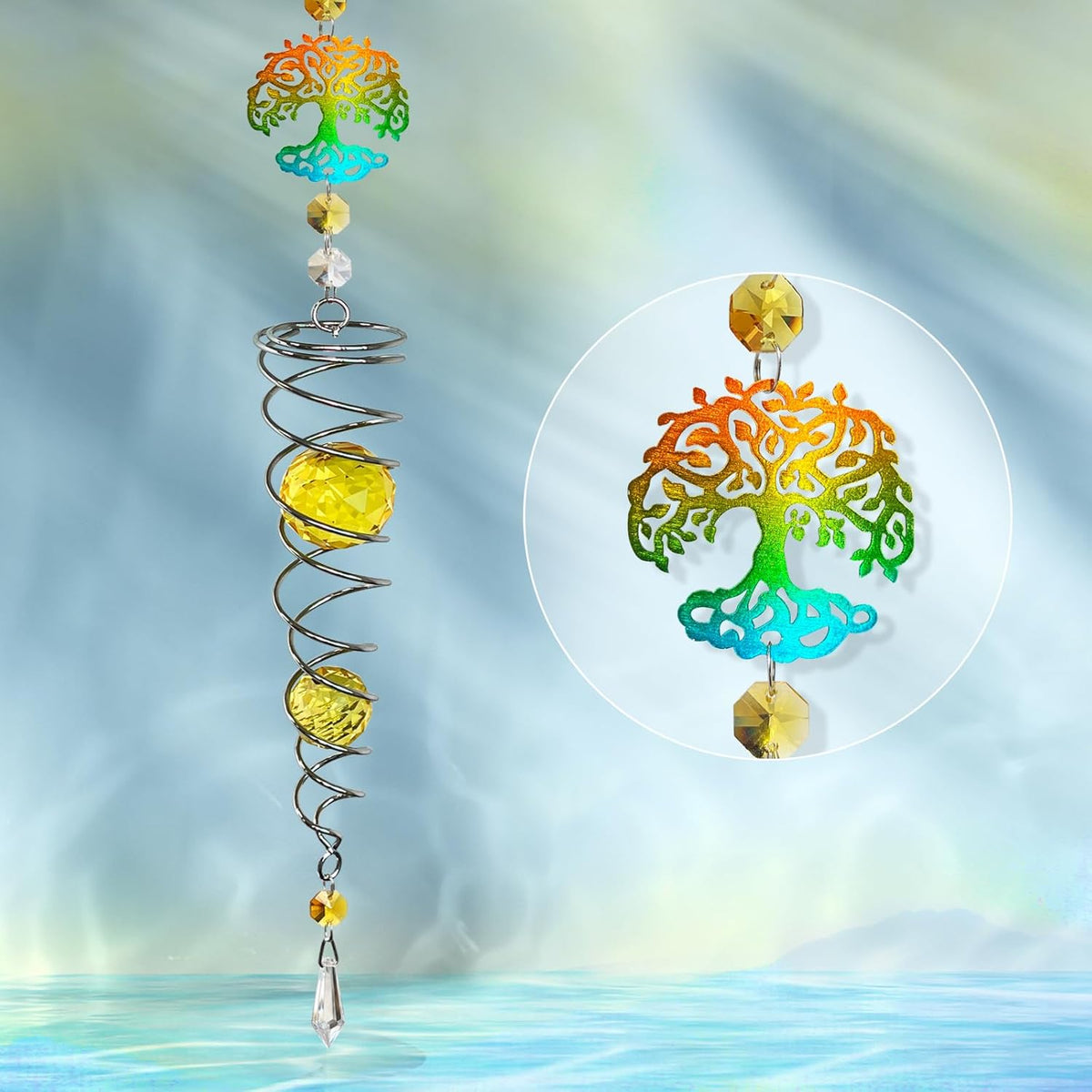 FONMY Tree of Life Gazing Ball Spiral Wind Spinner Sun Catcher Rainbow Maker Silver Spiral W/Golden K9 Crystal Ball Tree Hanging Ornament Indoor Outdoor Garden Decor. 19.5inch H