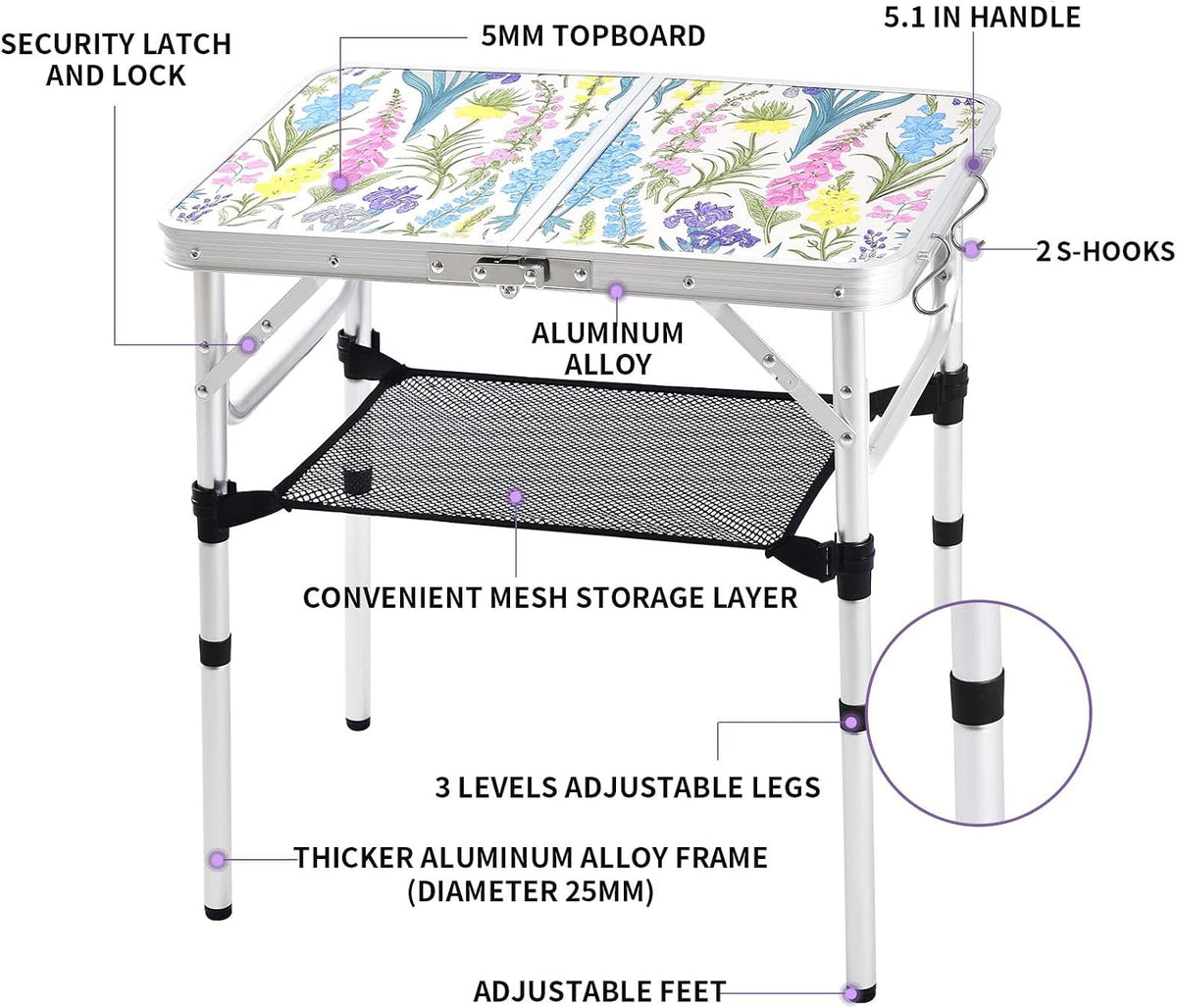 Yriuat Folding Camping Table 2ft Portable Picnic Table, Blooming Floral | Adjustable Height, Carry Handle, Aluminum Foldable Lightweight Small Card Table for Outdoor, Indoor, Hiking, Camp, BBQ, Beach