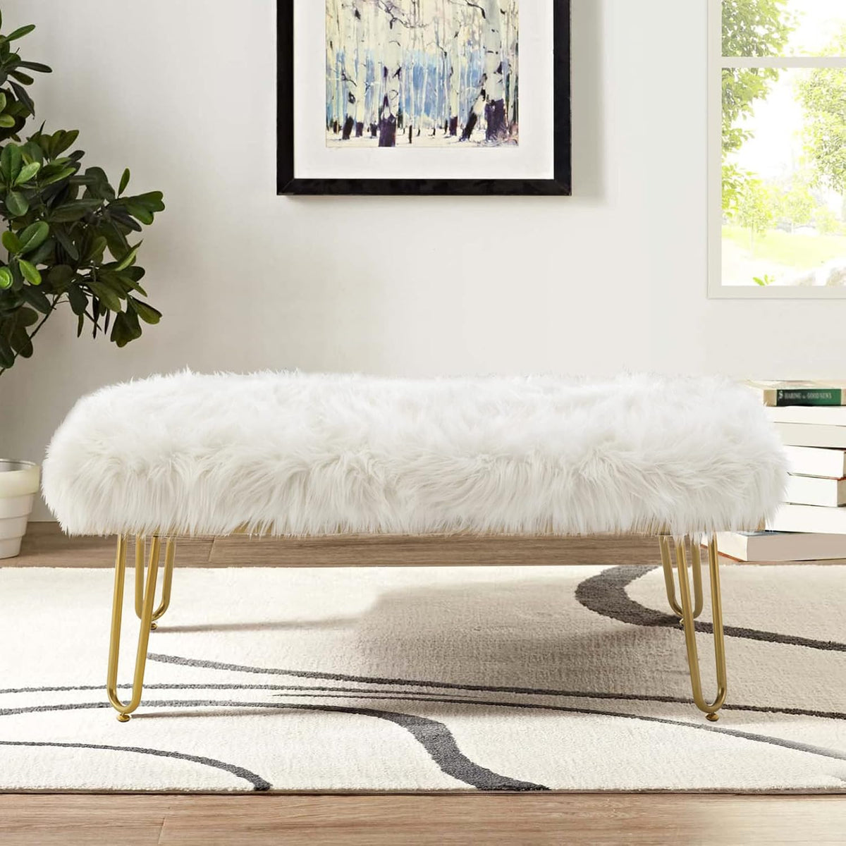 White Faux Fur Ottoman Bench Upholstered Furry Entryway Bedroom Bench with Gold Metal Legs, Modern Contemporary Long Bench Ottoman Hair Foot Rest Stool for Entryway, Living Room, Bedroom