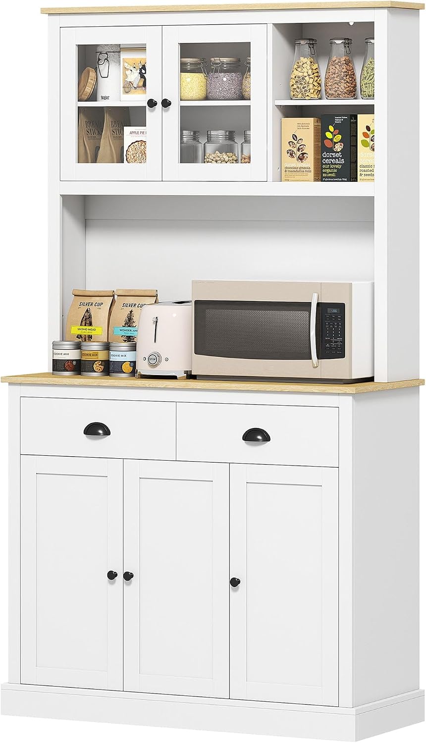 71inch Freestanding Pantry Cabinet — 39.25in Wide, White Finish with Yellow Oak Countertop, 4 Adjustable Shelves, 176lb Max Capacity