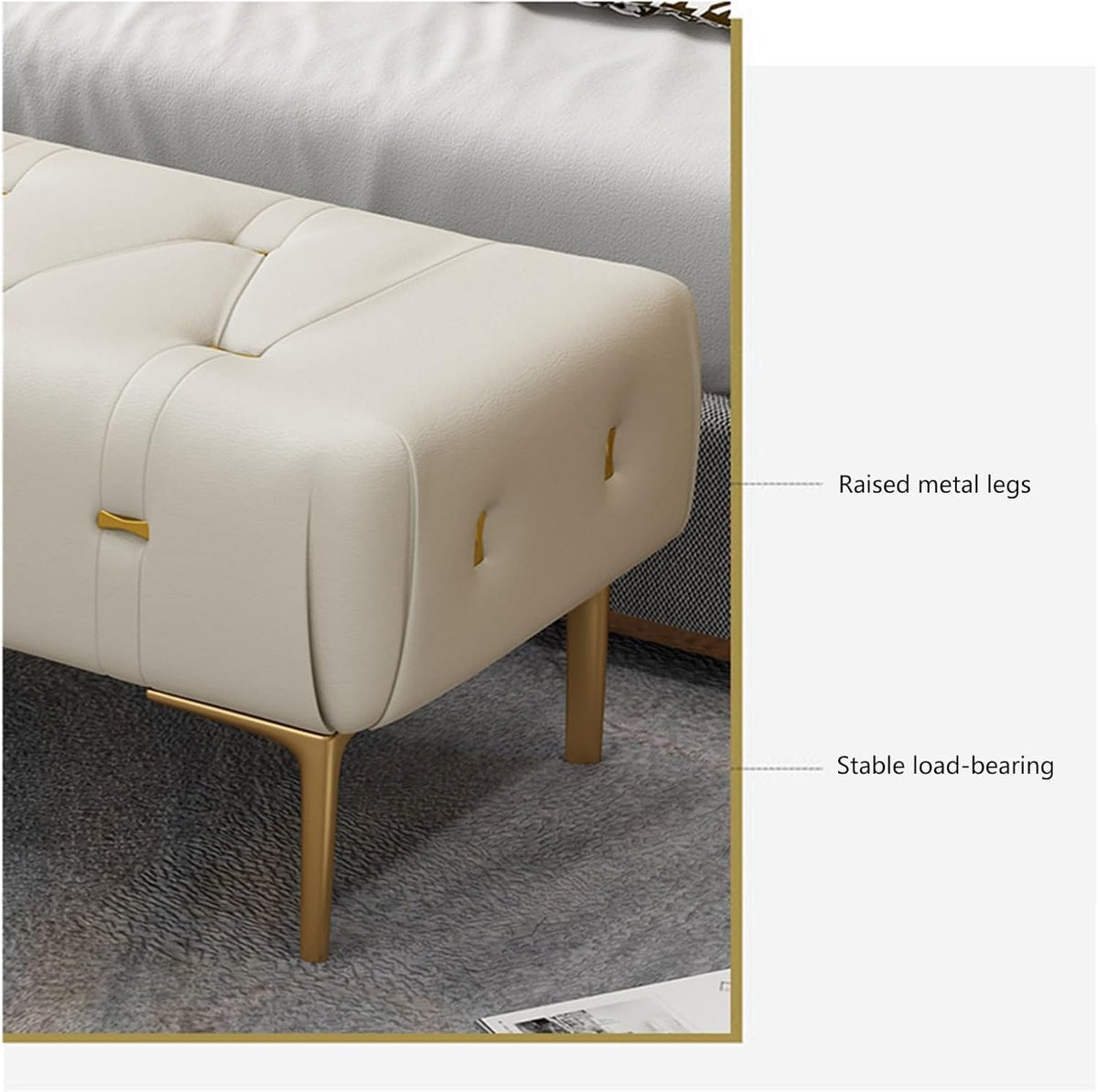 Modern Upholstered Tufted Bench with Padded Seat, Footrest Foot Stool with Sturdy Metal Leg, Leather for Bedroom Living Room Entryway Entryway(Beige,100 * 40 * 43cm)