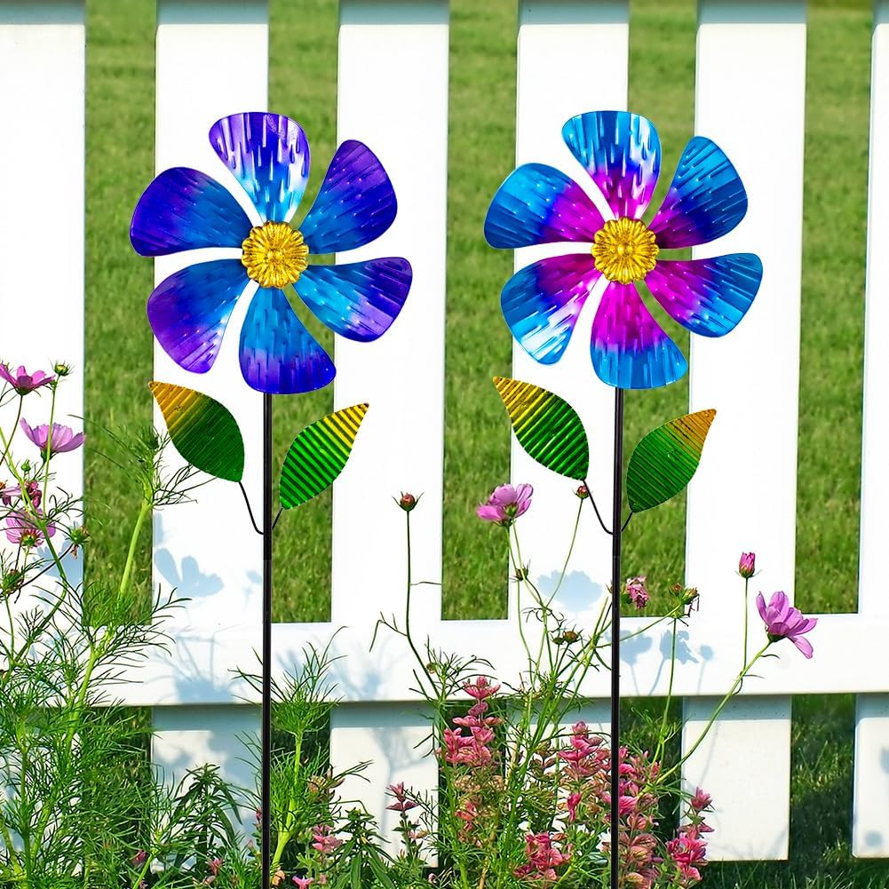 Viveta 2 Pack Garden Wind Spinners, 35.4 "Flower Metal Windmill,Pink and Blue Wind Sculpture,Pinwheels for Yard and Garden