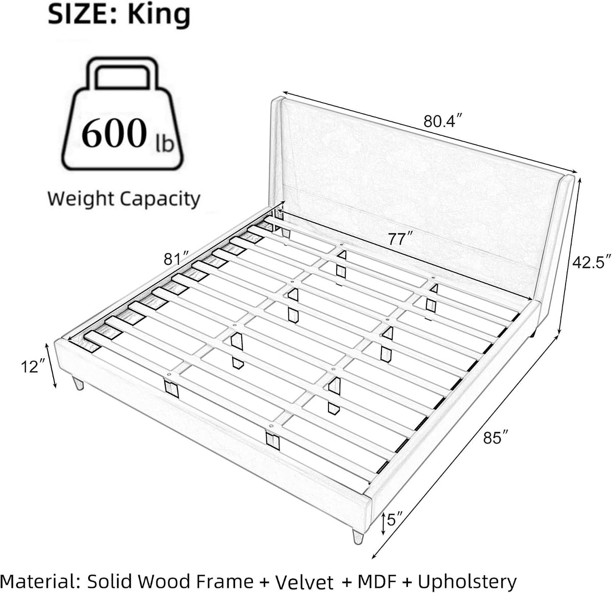 Merax King Size Velvet Bed Frame with Wingback Headboard, Upholstered Platform Bedframe with Solid Wooden Leg, Wood Slats for Bedroom, No Box Spring Needed, Easy Assembly, Modern Luxury Style, Beige