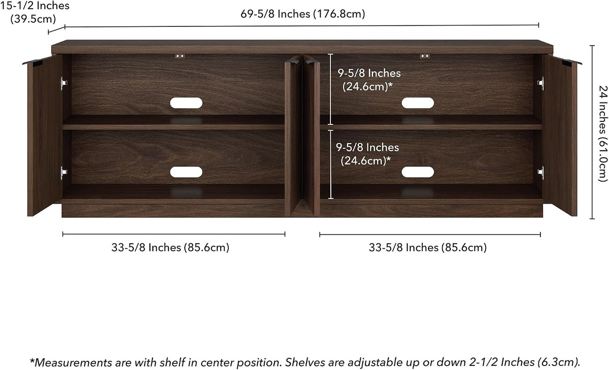 Henn&Hart 70" TV Stand for TVs up to 78", Rich Brown | Elegant ribbed doors, adjustable shelves, and cable cut-outs create stylish, clutter-free storage for any room