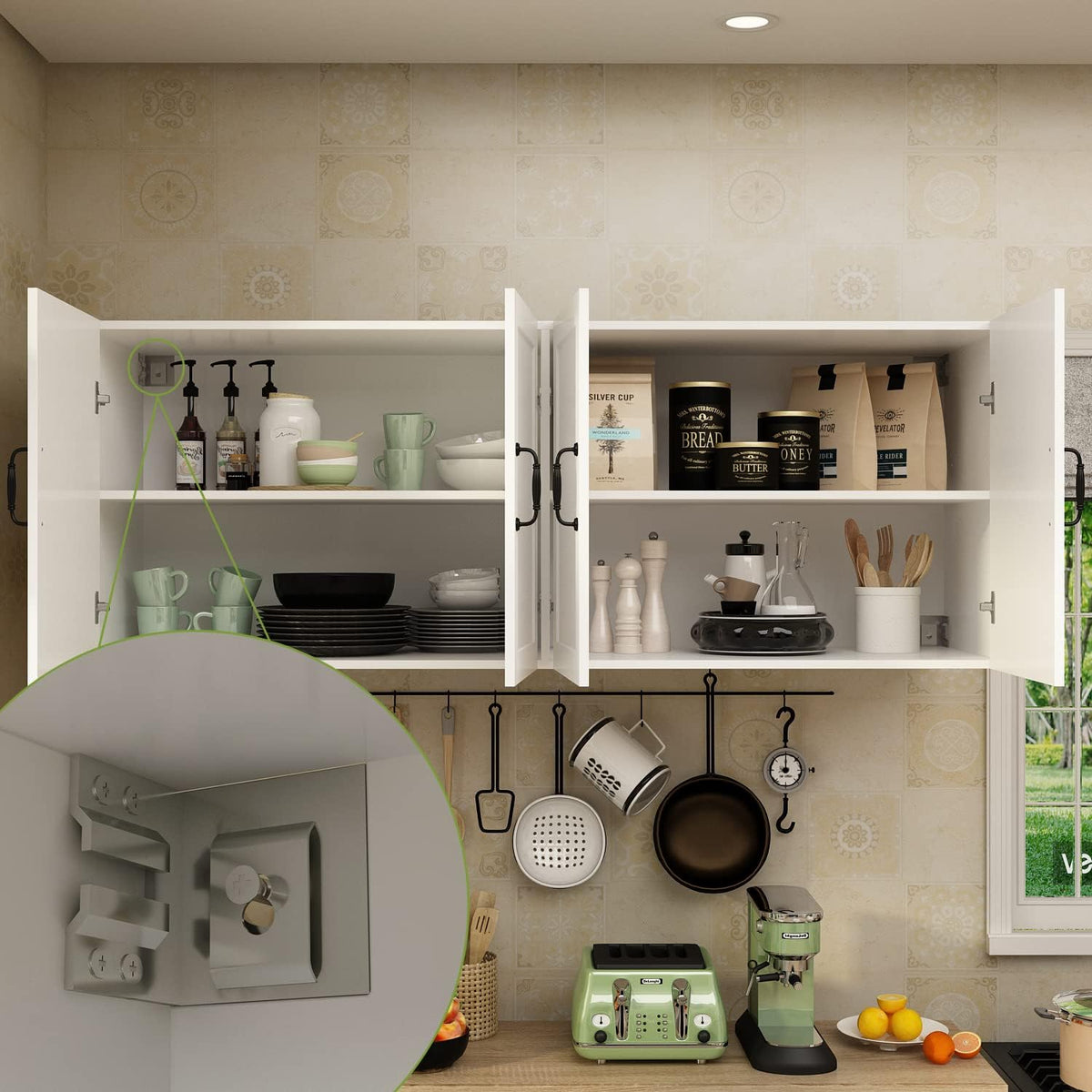 AIEGLE Large Kitchen Pantry Cabinet Set with Wall Mounted Storage Sideboard, Freestanding Wall Storage Cabinet with Shelves, 8 Doors & 2 Drawers, Utility Console Dining Cupboard, White 63" W