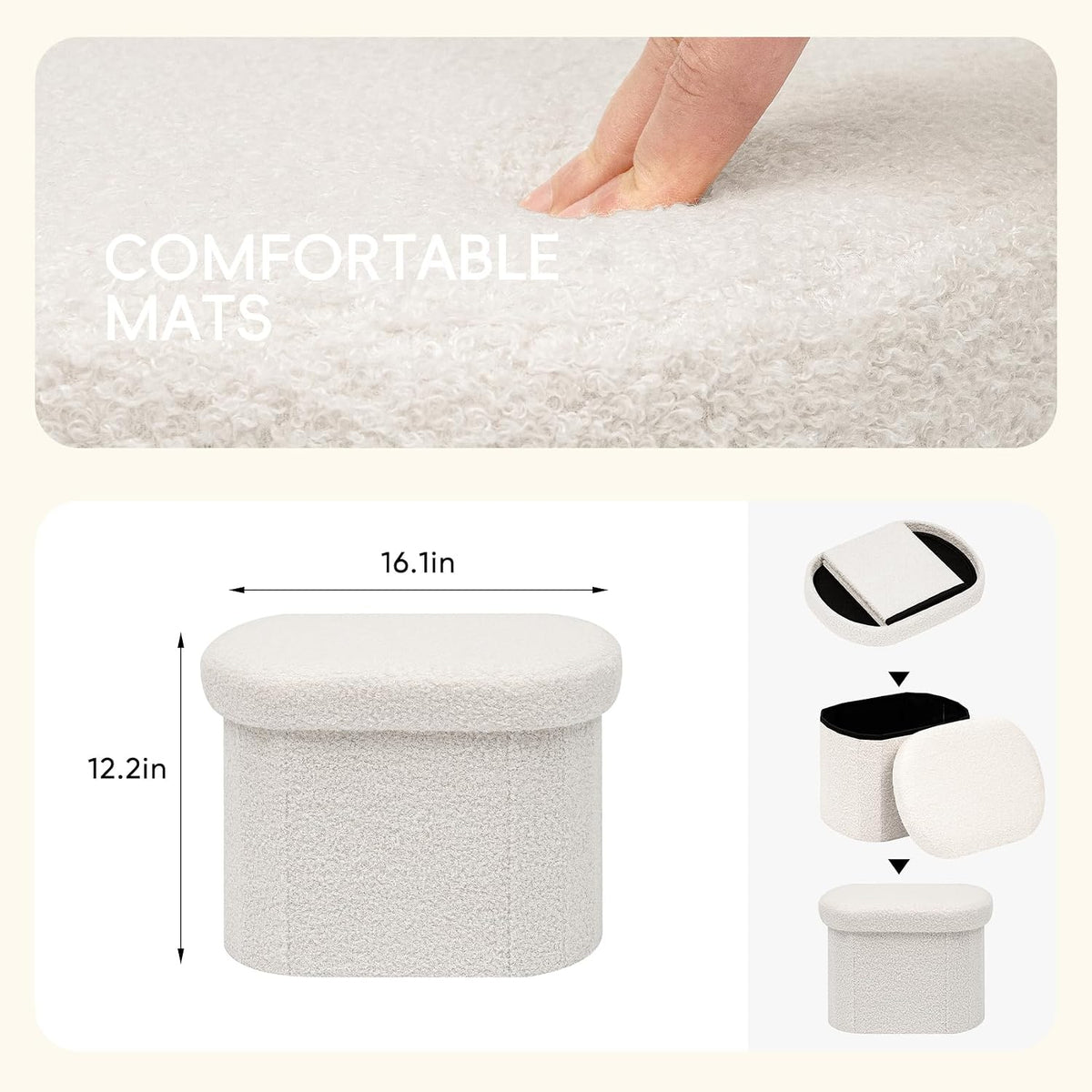 PINPLUS Storage Ottoman Boulce Tufted Oval Small Ottomans Bench Foot Rest with Storage, 16.1"x12.2"x12.2" (White)