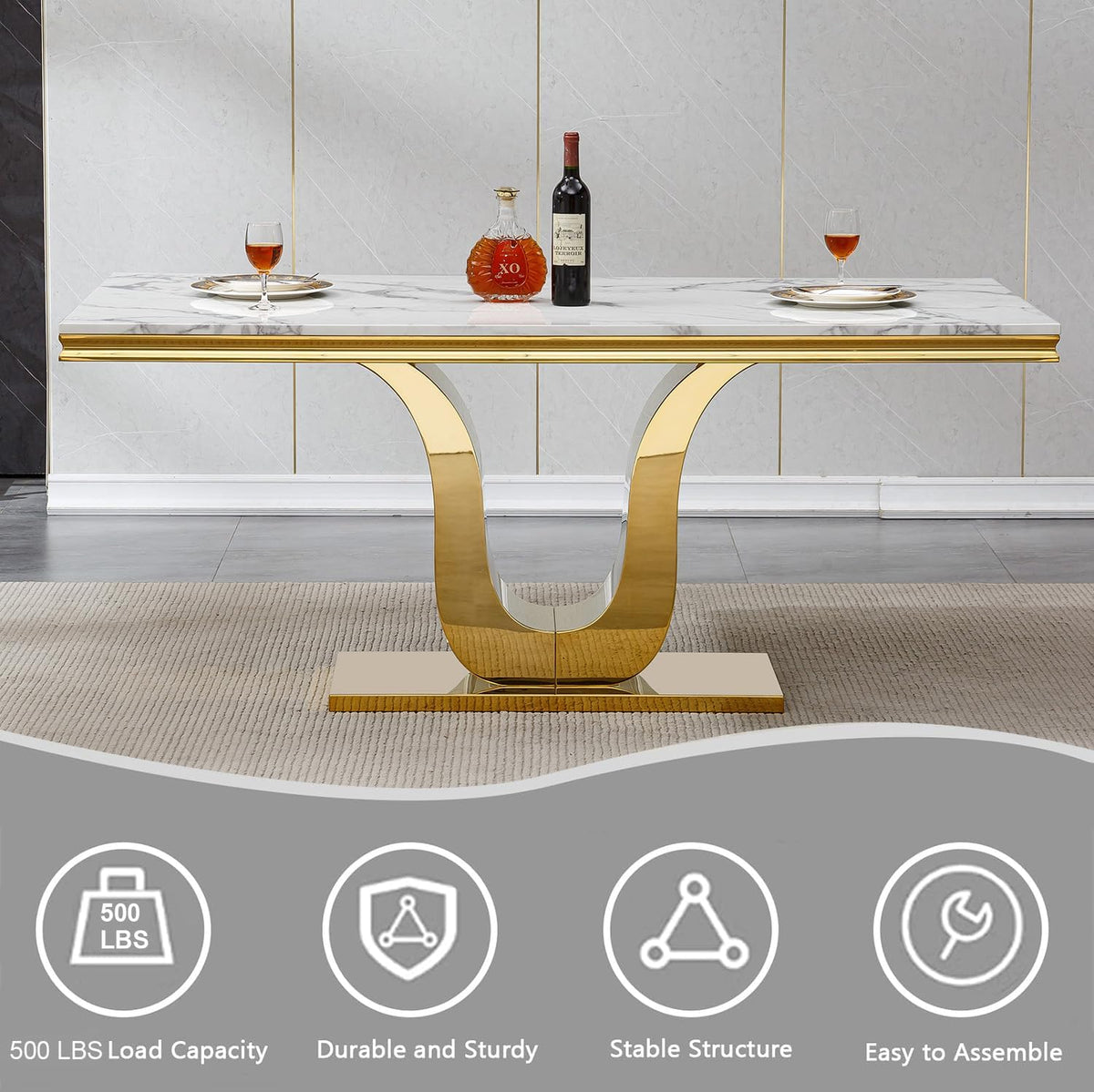 7-Piece Dining Table Set with 6 Beige Upholstered Chairs, 68" White Gold Faux Marble Kitchen Table Set for 6, U-Shape Pedestal Dining Room Table Set for 6, Modern Dining Table Set for 6