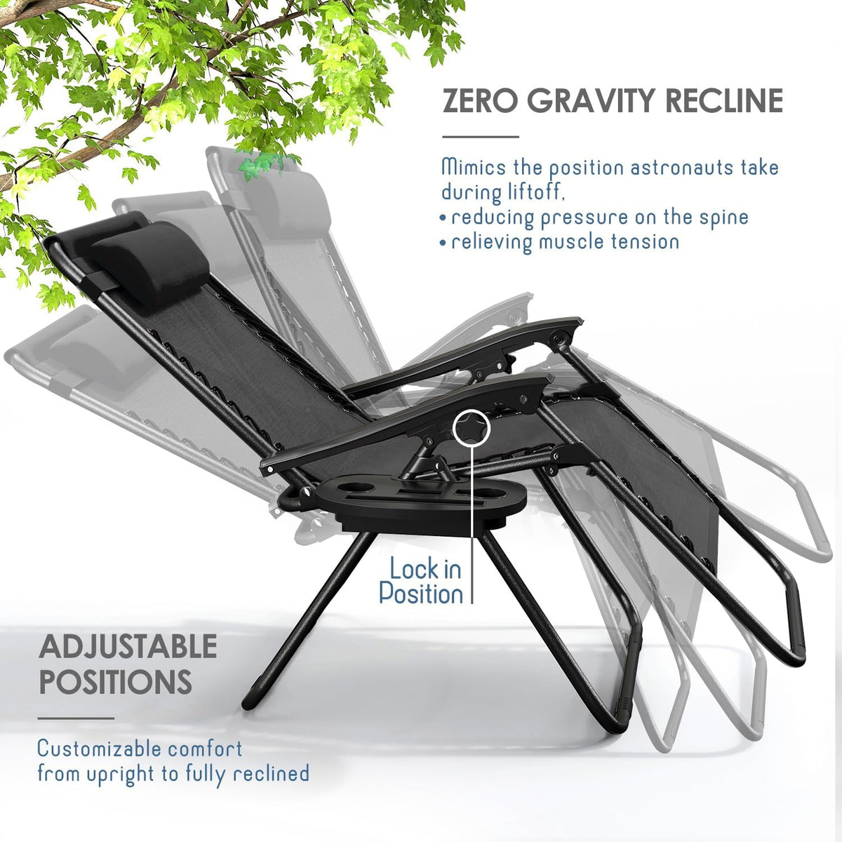 Nestl Zero Gravity Chairs Set of 4, Patio Lounge Chair Outdoor with Pillows & Cup Holder Trays, Adjustable Steel Mesh Reclining Camping Chair, Folding Patio Lawn Chair for Deck, Beach, Yard - Black