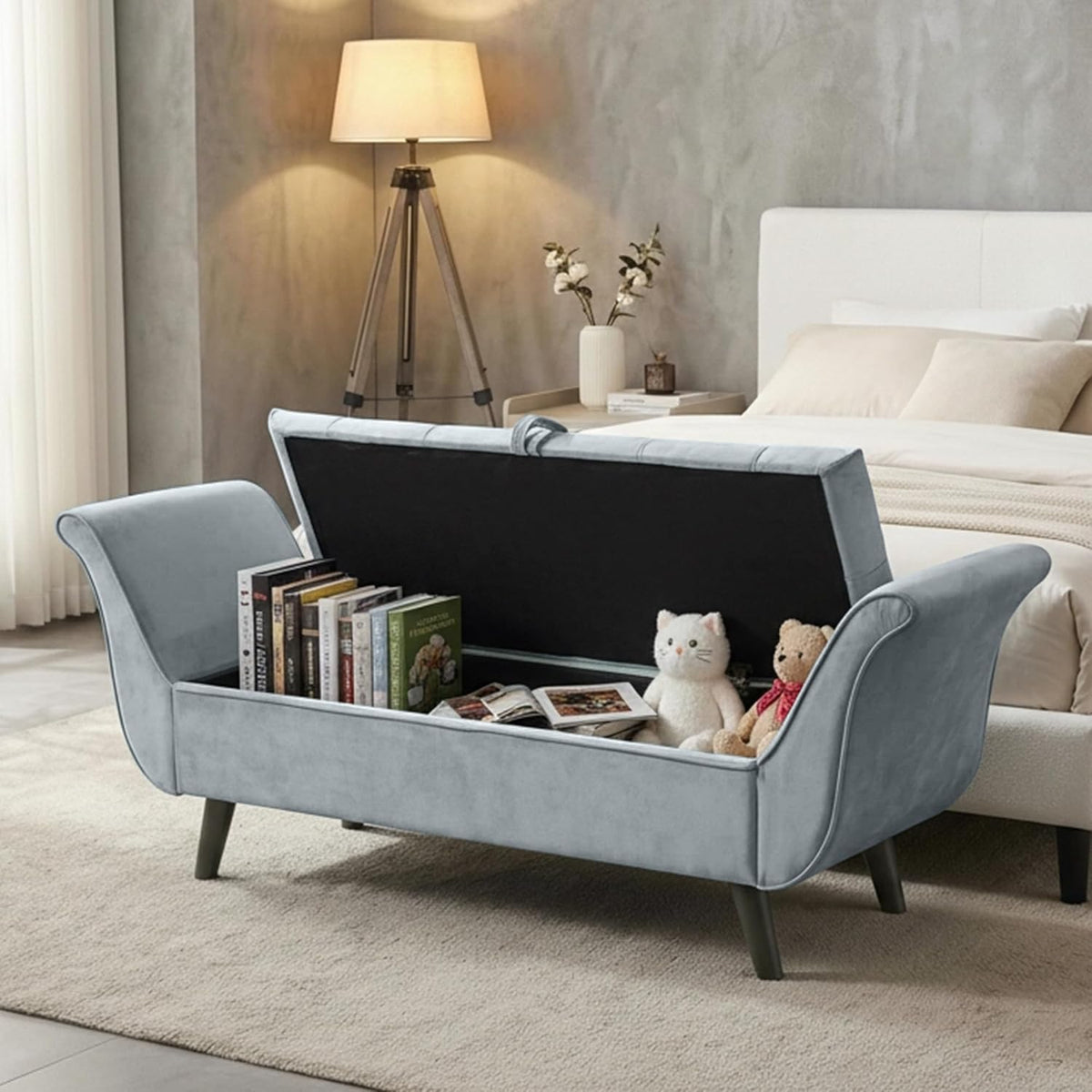 Velvet Bench for Bedroom End of Bed, 60.5 inch Upholstered Button Tufted Ottoman Bench with Rolled Arms, Button-Tufted Ottoman for Living Room, Entryway (Light Grey)
