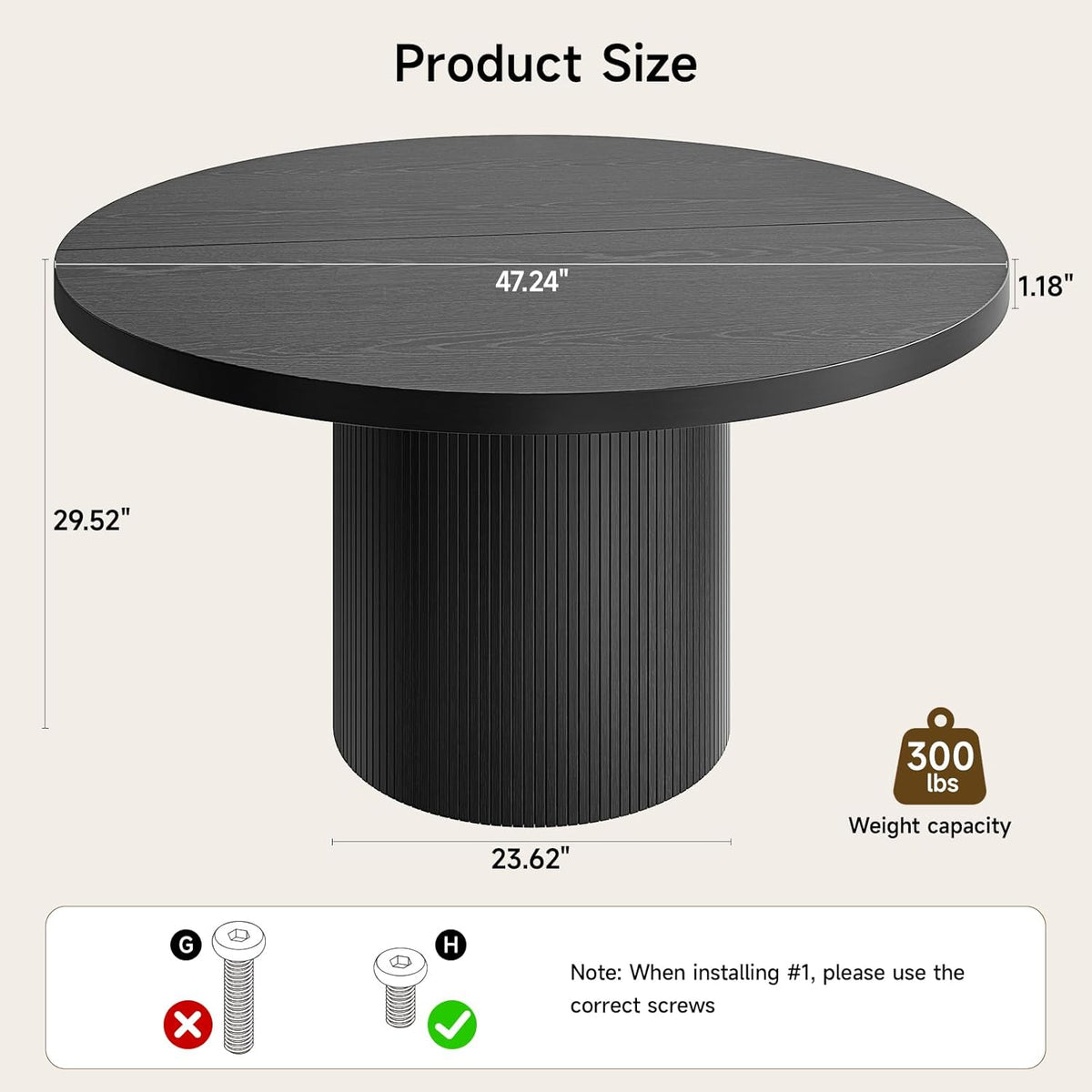 47 inch Round Dining Table for 4, Circle Kitchen Table with Wood Strip Base, Modern Farmhouse Dinner Tables for Kitchen, Living Room (Black)