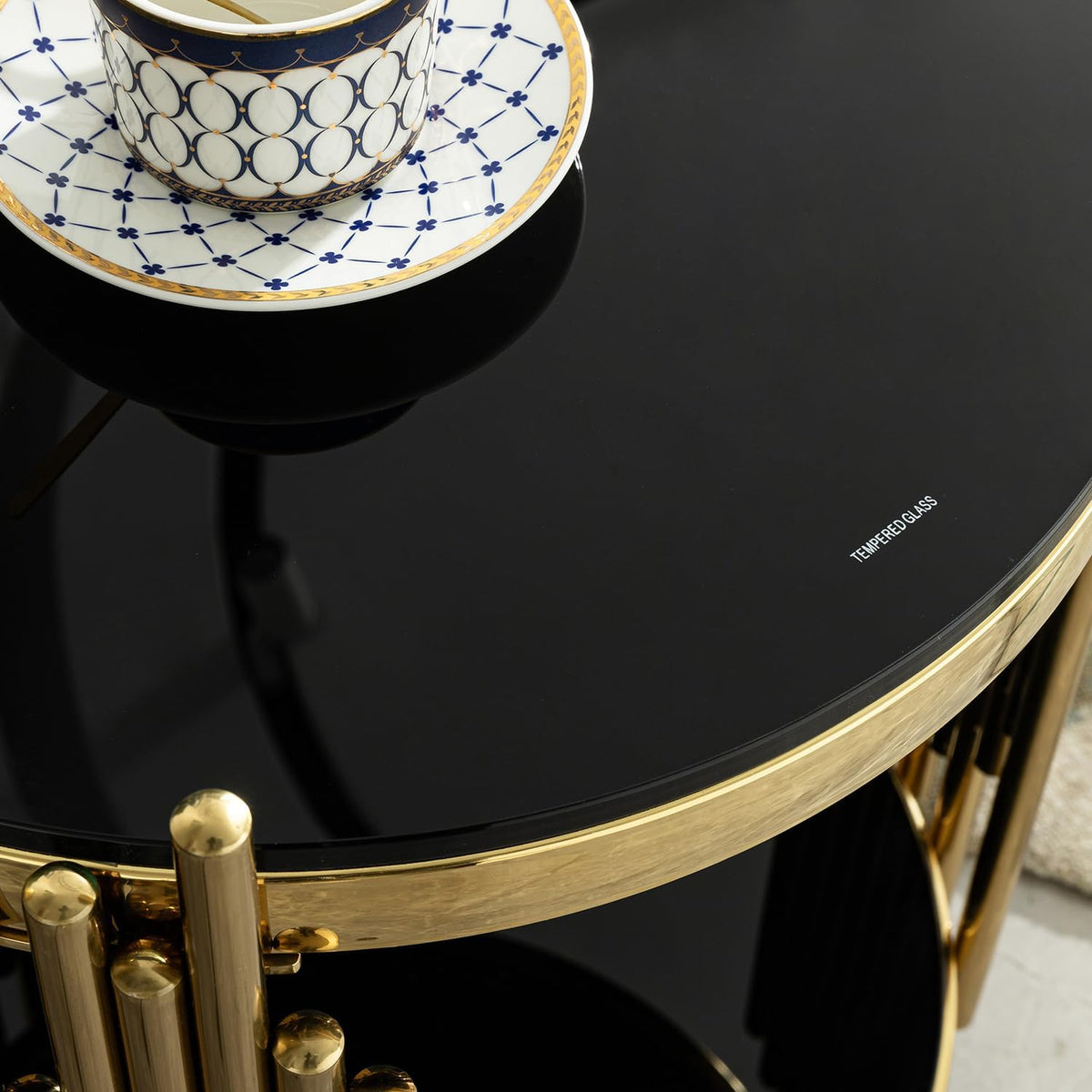 Set of 2 Modern Luxury 2-Tier Round End Tables, Black Tempered Glass Tops, Gold Stainless Steel Frames, Small Elegant Side Tables for Living Room, Bedroom, Office, or Café