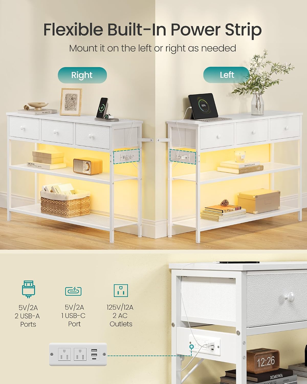 SONGMICS Console Table with Charging Station, Narrow Sofa Table with LED Lighting, for Entryway, Living Room, 11.8 x 38.9 x 31 Inches, 3 Fabric Drawers, Cloud White, BELLAH Collection ULGS198W101