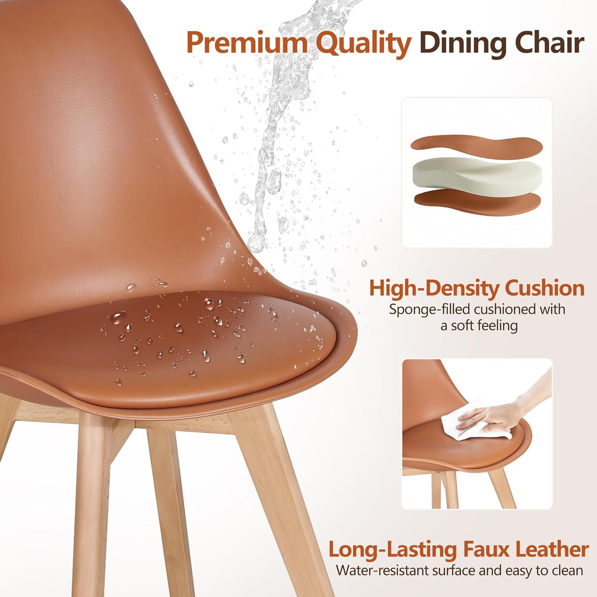VECELO Dining Chairs Set of 4, Mid-Century Modern Kitchen & Dining Room Chairs, PU Leather Upholstered Seat, Solid Wood Legs, Armless, Non-Slip Feet, Orange