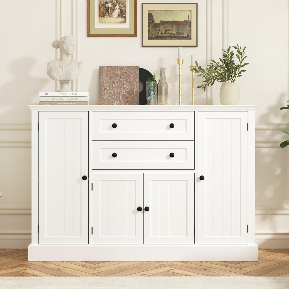 Farmhouse 47" Buffet Cabinet with Storage,Large Sideboard Buffet with Drawers and Adjustable Shelves, Rustic Coffee Bar Cabinet for Kitchen, White