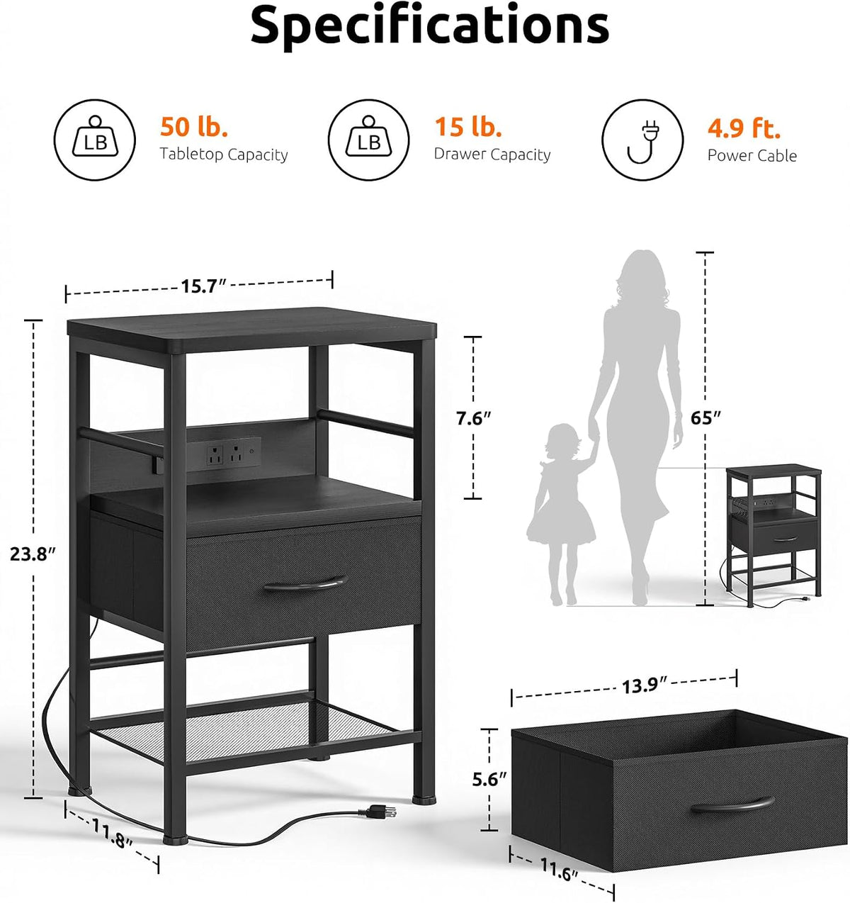Lazzanto Nightstands Set of 2 with Charging Station, Black Night Stand | 1 Fabric Drawer, Open Shelf, Hooks, USB-C USB-A Port AC Outlets, Bedroom, Living Room, Dorm, 2-pack