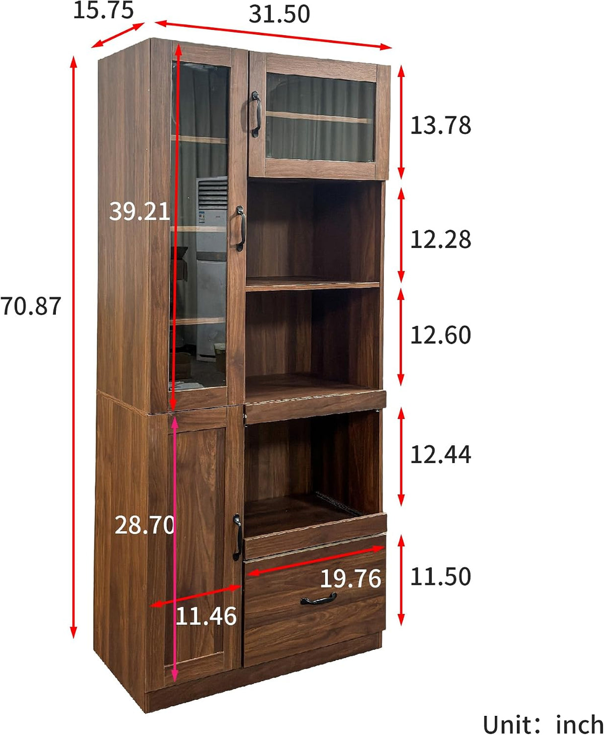 70.87" Tall Kitchen Pantry Storage Cabinet with Pull-out Trays, Farmhouse Hutch Cupboard with 3 Doors, Open Shelves and Drawer, Coffee Bar Cabinet with Microwave Stand for Dining Room, Coffee Bar