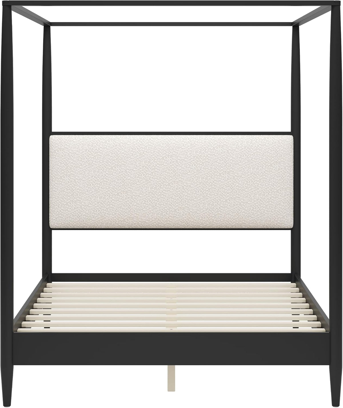 Merax Black Queen Size Canopy Bed Frame with Boucle Headboard and 4 Poster