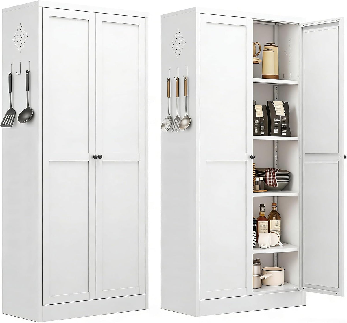 Metal Pantry Cabinet, Kitchen Pantry Storage Cabinets | with Doors and 4 Shelves, White Kitchen Pantry Cabinet for Home Office Living Room