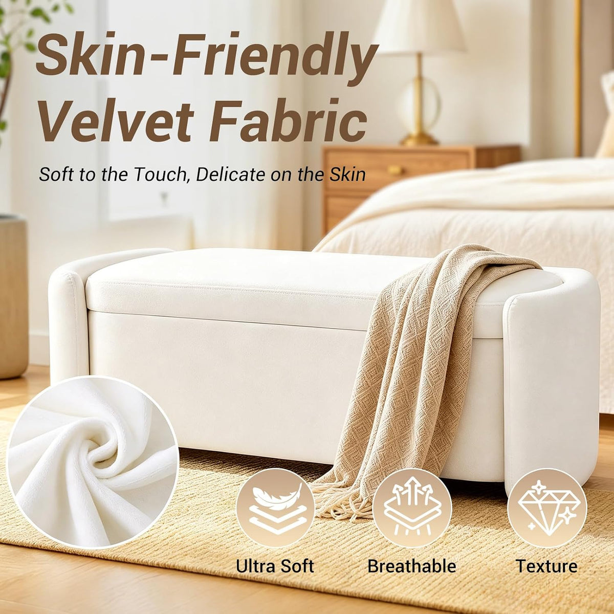Oval White Velvet Storage Ottoman Bench, 48.8" | Velvet Upholstered Ottoman Bench with Storage, Safety Hinge, Foot Rest for Living Room, Bedroom, Small Apartment