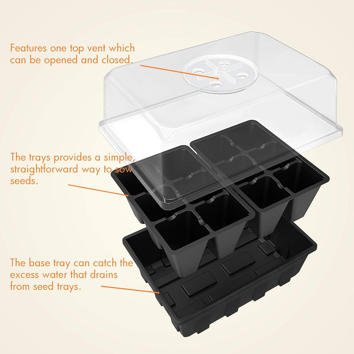 Gardzen 10 Pack Seed Starting Tray, Plant Germination Trays, Seed Starter Kit with Adjustable Humidity Vented Dome, Plant Growing Kit 6.6" x 4.5", Total 120-Cell, Black